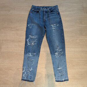 Levi's premium distressed raw hem two tone denim jeans